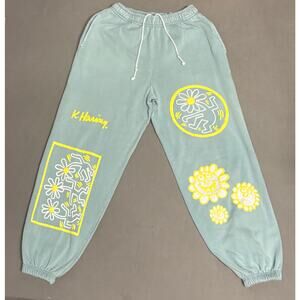 UO Keith‎ Haring Happy Flower Graphic Sweatpants Size Medium Blue Aqua Pop Art